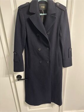 Maje Navy Double-Breasted Wool Pea Coat with Epaulettes